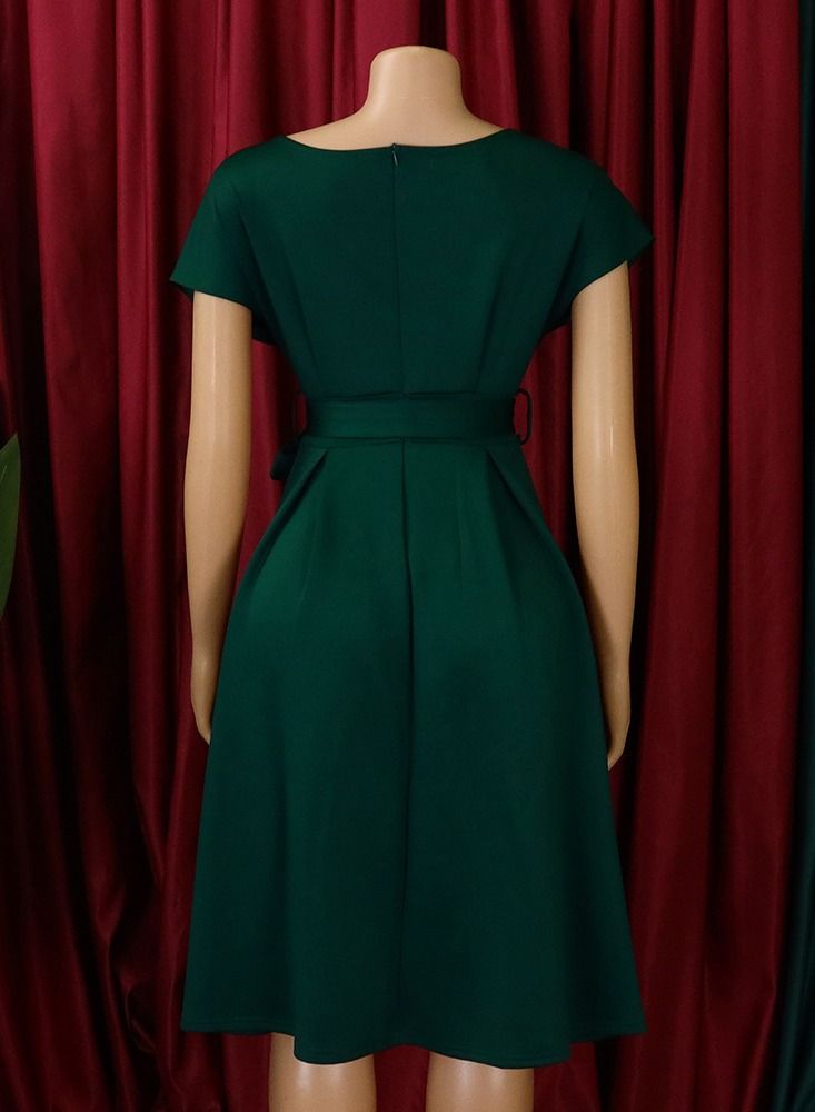 Loquat V-neck Large Swing Dress Green  - Image 2