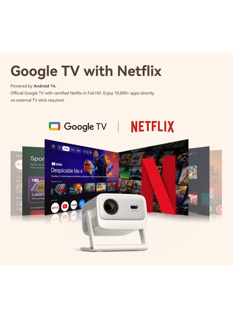 wanbo Vali 1 Pro Google TV Smart Projector (Android 14 OS) 2GB RAM + 32GB ROM, MT9660 CPU, Netflix support, Wi-Fi 5G, Bluetooth 5.0, 1080P Full HD 900 ANSI Lumens, HDR10, Dolby Audio, HDMI 2.1, 200° Rotating Gimbal, Auto Focus & Auto Keystone Portable Home Theater N70389922LEB beige - Image 4