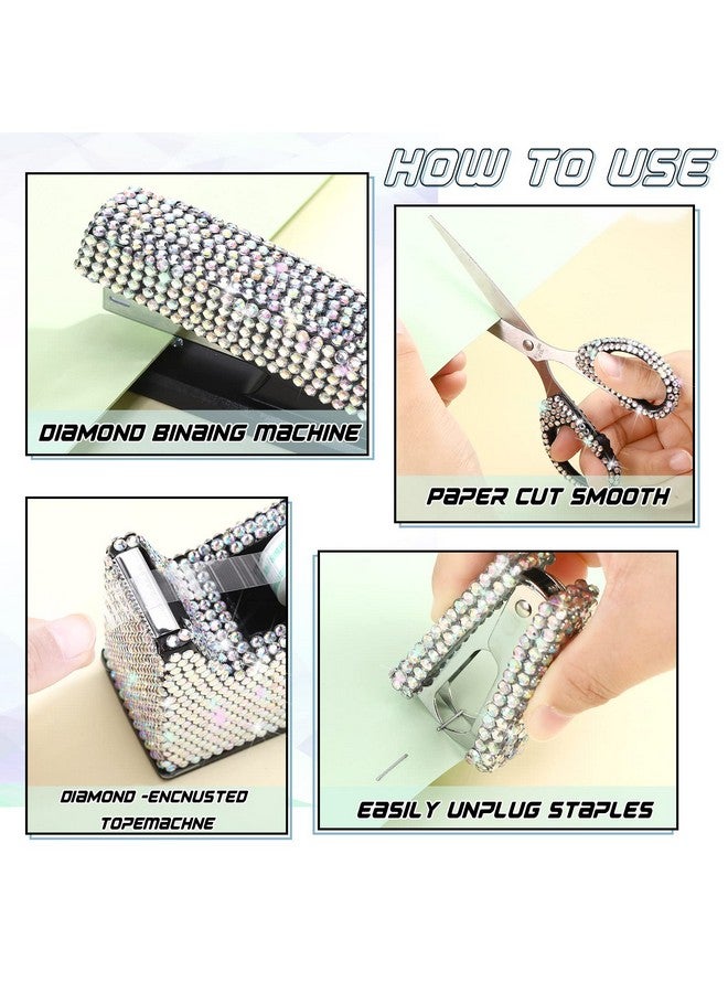Demissle 6 Pcs Bling Office Desk Accessories Set Crystal School Stationery Kit Scissor Stapler with Staple, Tape Dispenser, Diamond Pen, Staple Remover, Binder Clip, Paper Clip, Push Pins (White) - Image 3