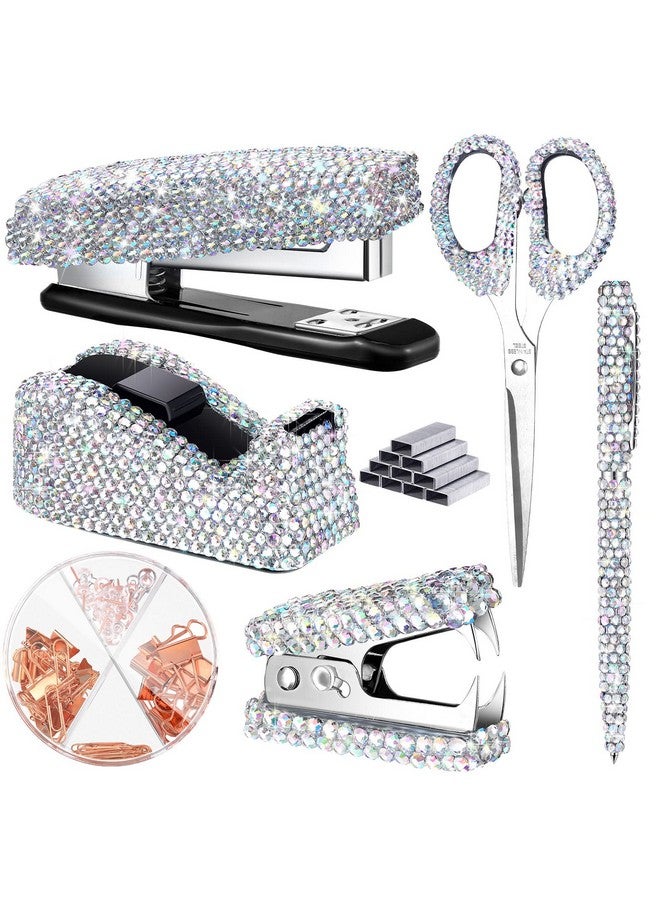 Demissle 6 Pcs Bling Office Desk Accessories Set Crystal School Stationery Kit Scissor Stapler with Staple, Tape Dispenser, Diamond Pen, Staple Remover, Binder Clip, Paper Clip, Push Pins (White) - Image 1