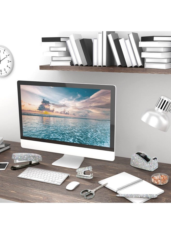 Demissle 6 Pcs Bling Office Desk Accessories Set Crystal School Stationery Kit Scissor Stapler with Staple, Tape Dispenser, Diamond Pen, Staple Remover, Binder Clip, Paper Clip, Push Pins (White) - Image 5