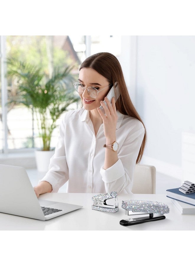 Demissle 6 Pcs Bling Office Desk Accessories Set Crystal School Stationery Kit Scissor Stapler with Staple, Tape Dispenser, Diamond Pen, Staple Remover, Binder Clip, Paper Clip, Push Pins (White) - Image 4