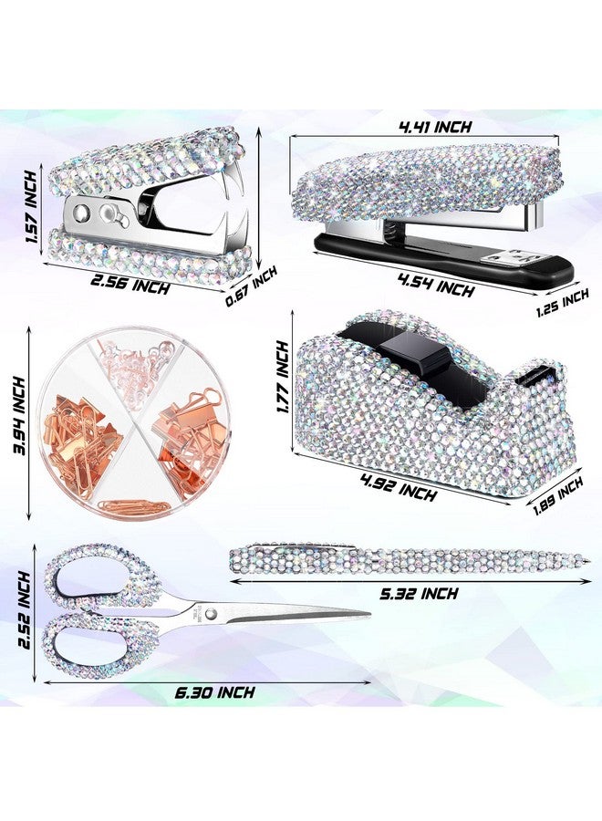 Demissle 6 Pcs Bling Office Desk Accessories Set Crystal School Stationery Kit Scissor Stapler with Staple, Tape Dispenser, Diamond Pen, Staple Remover, Binder Clip, Paper Clip, Push Pins (White) - Image 2