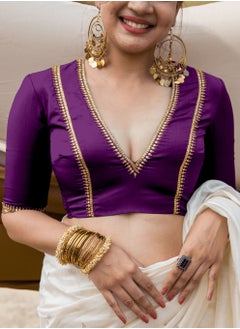 Purple Saree Blouse, Aari Work, V-Neck - Party Wear