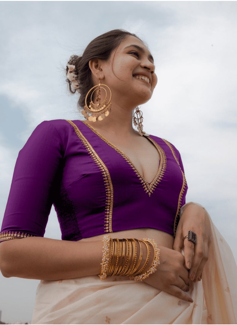 Binks - Purple Saree Blouse, Aari Work, V-Neck - Party Wear - Image 1