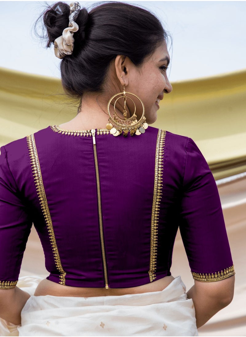 Binks - Purple Saree Blouse, Aari Work, V-Neck - Party Wear - Image 1