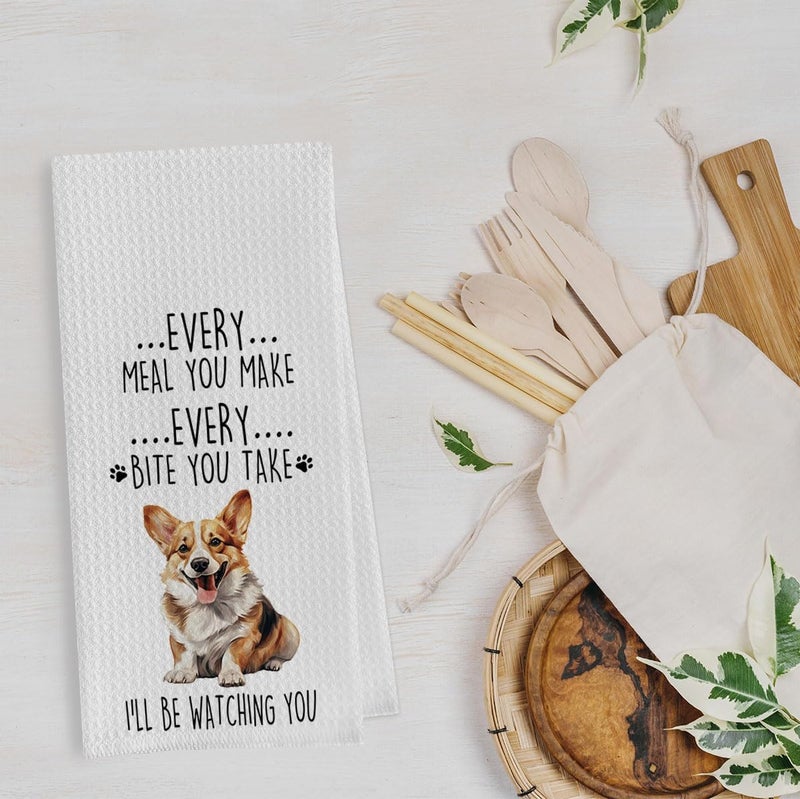 Geqtt Funny Corgi Dish Towels Set - Corgi Gift Waffle Weave Kitchen Towels, Dog Decorative Hand Tea Towels for Bathroom Kitchen (16×24 Inches Set of 2) - Image 3