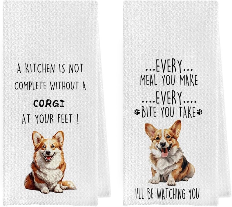 Geqtt Funny Corgi Dish Towels Set - Corgi Gift Waffle Weave Kitchen Towels, Dog Decorative Hand Tea Towels for Bathroom Kitchen (16×24 Inches Set of 2) - Image 1