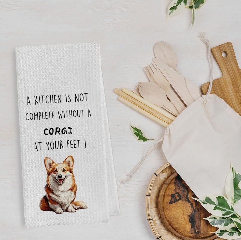Geqtt Funny Corgi Dish Towels Set - Corgi Gift Waffle Weave Kitchen Towels, Dog Decorative Hand Tea Towels for Bathroom Kitchen (16×24 Inches Set of 2) - Image 2