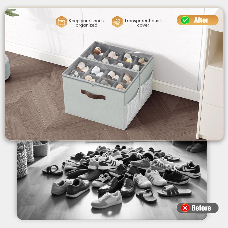 Budding Joy 2 Pack Shoe Organizer for Closet, Clear Foldable Shoe Storage Containers Adjustable Dividers Fits 16 Pairs,Shoe Storage Bins Baskets Boxes with Reinforced Handles Light grey - Image 3