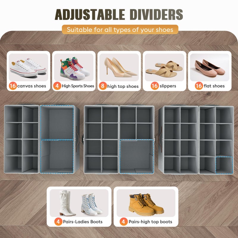 Budding Joy 2 Pack Shoe Organizer for Closet, Clear Foldable Shoe Storage Containers Adjustable Dividers Fits 16 Pairs,Shoe Storage Bins Baskets Boxes with Reinforced Handles Light grey - Image 2