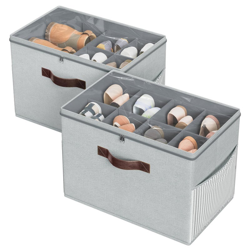 Budding Joy 2 Pack Shoe Organizer for Closet, Clear Foldable Shoe Storage Containers Adjustable Dividers Fits 16 Pairs,Shoe Storage Bins Baskets Boxes with Reinforced Handles Light grey - Image 1