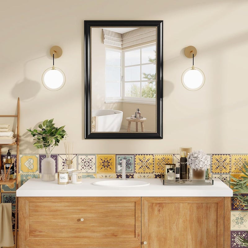 Axeman 28x36 Rectangular Wall Mirror, Decorative Bathroom Mirror, Traditional Vintage Wall Mounted Mirror with Beaded Frame for Accent Living Room Vanity Bedroom Entryway, Black - Image 2