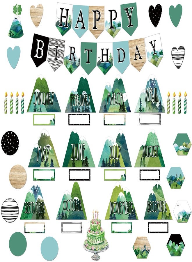 Mooliwe 102 Pcs Scandi Mountains Happy Birthday Bulletin Board Set; Birthday Chart Calendar Mountains Classroom Decoration Cutouts for Classroom Bulletin Board Decor - Image 1
