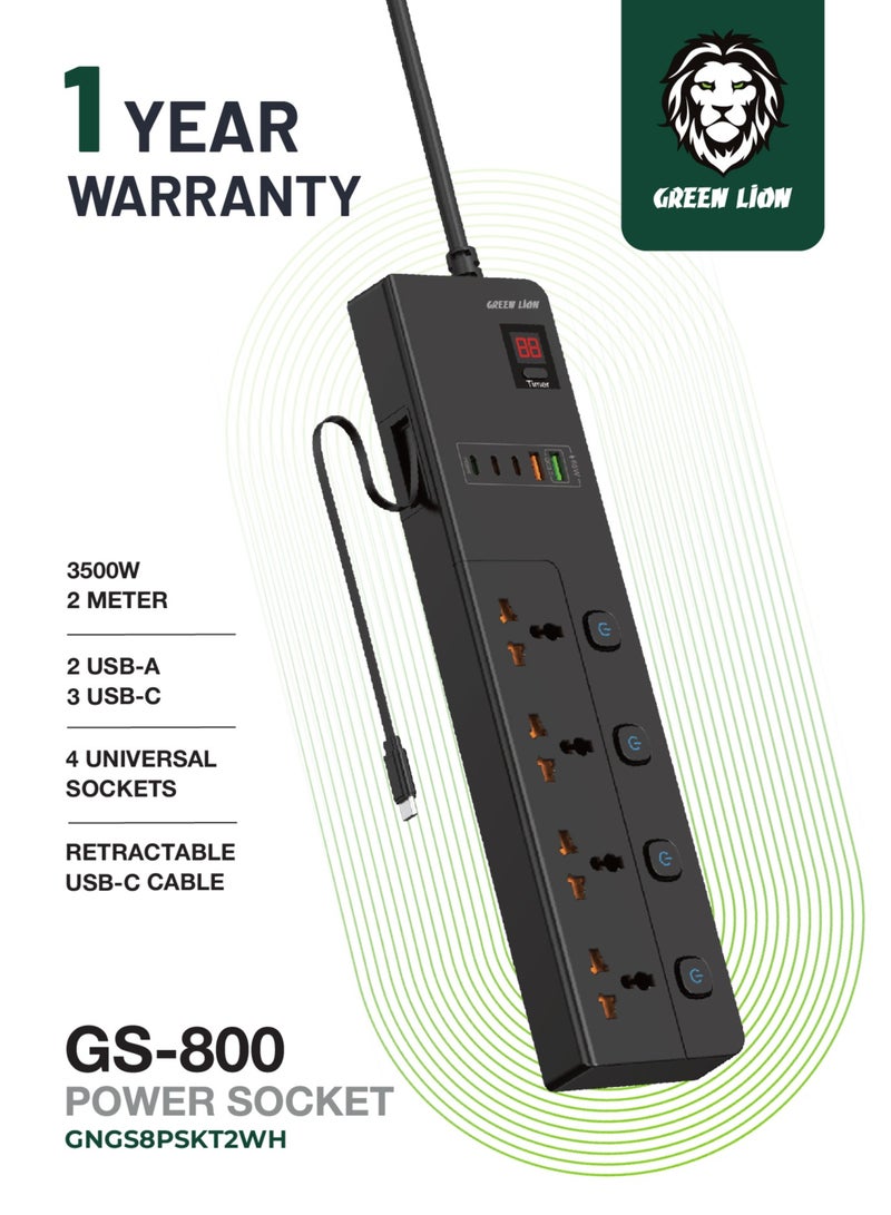 GREEN LION GS-800 Power Socket 2M 3500W with Retractable USB-C Cable / 4 Universal Sockets/ 2 USB-A/ 3 USB-C / UK Plug / Digital Timer Display/ Safeguard / Child Safety Door / Safe Power Strip - Black - Image 1