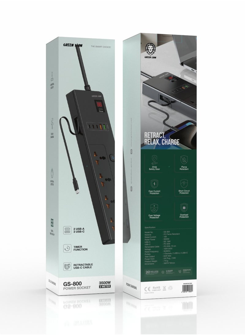GS-800 Power Socket 2M 3500W with Retractable USB-C Cable / 4 Universal Sockets/ 2 USB-A/ 3 USB-C / UK Plug / Digital Timer Display/ Safeguard / Child Safety Door / Safe Power Strip - Black