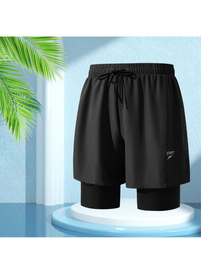 Loquat Swimming Trunks Men's Anti-embarrassment Double-layer Loose Swimming Trunks 2023 Five-point Hot Spring Swimming Plus Size-Color:Men's Pants A33 Double Layer-Black- - Image 1