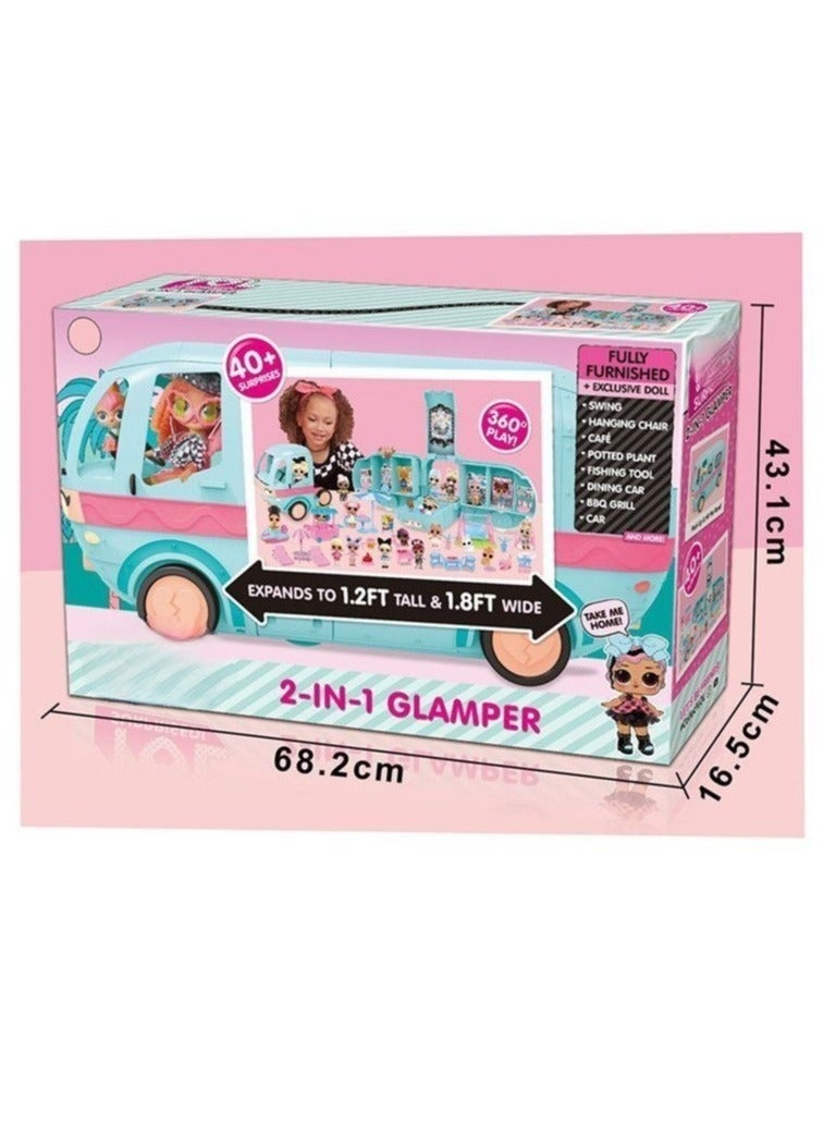 2-in-1 Glamper Fashion Camper with 40+ Surprises - Includes Doll, Water Slide, Fashion Runway, DJ Booth, Lights & Sounds - Great Gift for Kids  - Image 2