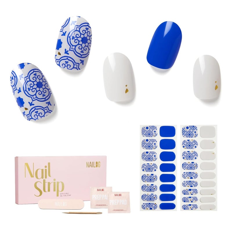 Semi Cured Gel Nail Strips - NAILOG 34 Pcs Gel Nail Stickers Buy 2 Get 1 UV Light | Long Lasting Nail Wraps with Glossy Gel Finish Blue, Cerulean Porcelain