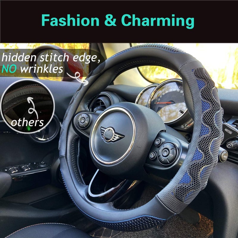 PINCTROT Large Size Steering Wheel Cover Great Grip with 3D Honeycomb Anti-Slip Design, 15.5-15.75 Inch (Blue) - Image 2