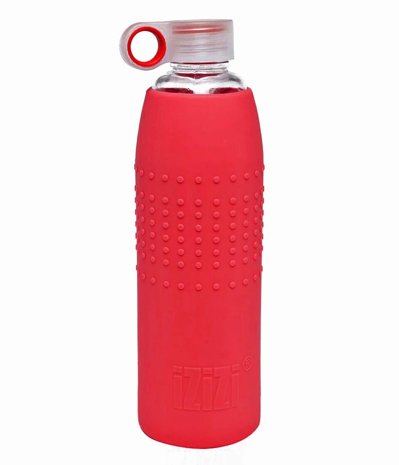 IZIZI Glass Bottle for Water with Protective Silicone Sleeve : Red. Glass Water Bottle 1000ml, Water Bottle for Office - Image 1