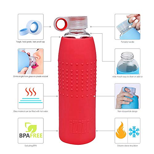 IZIZI Glass Bottle for Water with Protective Silicone Sleeve : Red. Glass Water Bottle 1000ml, Water Bottle for Office - Image 3
