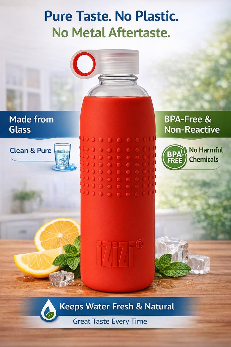 IZIZI Glass Bottle for Water with Protective Silicone Sleeve : Red. Glass Water Bottle 1000ml, Water Bottle for Office - Image 2