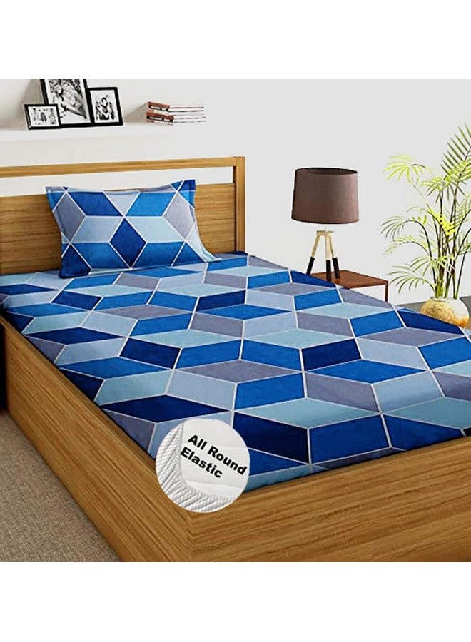 SpangleHomes Geometric 300 TC 100% Soft Glace Cotton Elastic Fitted Single Bed Bedsheet with 1 Large Pillow Cover (Single Bed 36 X72X6 inches, Blue Rectangle), queen