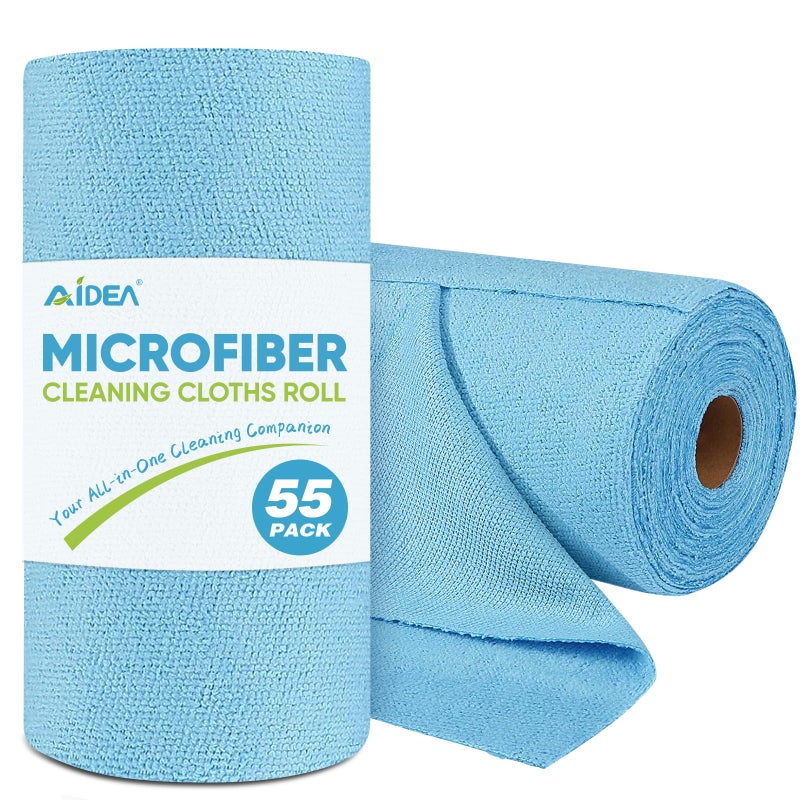 AIDEA Microfiber Cleaning Cloth Roll, Blue Shop Towels 55 Sheets Washable, Microfiber Towels for Cars, Blue Rags Reusable Paper Towel for Automotive, Workshop, House, Kitchen, Cleaning Supplies11Ã—9" - Image 1