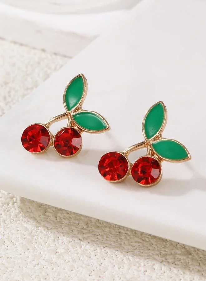 تايك تو أقراط بتصميم كرز وأوراق شجر مرصعة بالأحجار