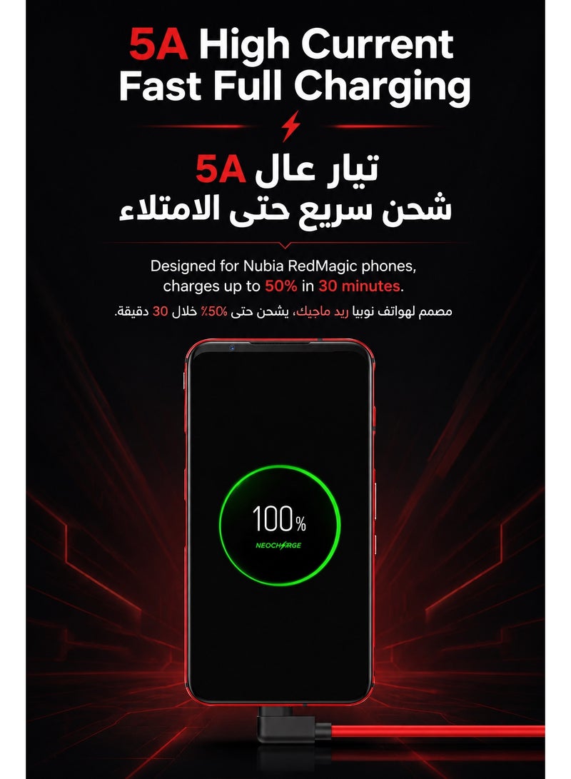 REDMAGIC Nubia REDMAGIC Original 5A USB-C to USB-C Gaming Cable, 1m Right-Angle Type-C Fast Charging and Data Cable for Mobile Gaming, Low-Profile 90-Degree Connector Compatible with REDMAGIC 3, 3S, 5G, 5S, Nubia Z20 NX629J, Android Phones, Tablets and USB-C Devices - Image 4