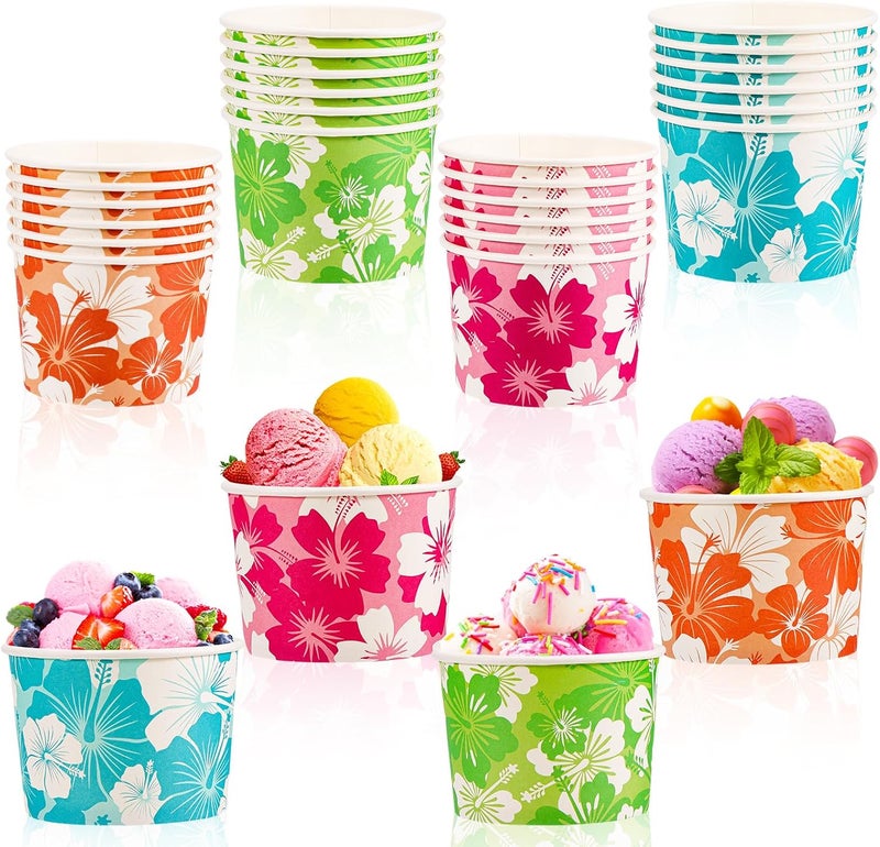 HOWAF 24pcs Hibiscus Tropical Ice Cream Bowls Summer Hawaiian Aloha Party Supplies Disposable Treat Snack Cups Paper Hibiscus Flowers 8 oz Dessert Bowls for Tiki Luau Party Supplies Favors - Image 1