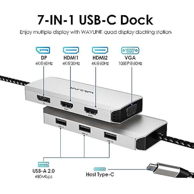 WAVLINK USB-C DUAL HDMI ADAPTER 4K@60HZ, 7-IN-1 LAPTOP DOCKING STATION WITH 2XHDMI, 1XDISPLAYPORT, VGA, USB-C HDMI SPLITTER FOR 4 DISPLAYS, 3XUSB 2.0, MULTIPLE MONITOR HUB FOR MACBOOK/DELL/HP/LENOVO - Image 2