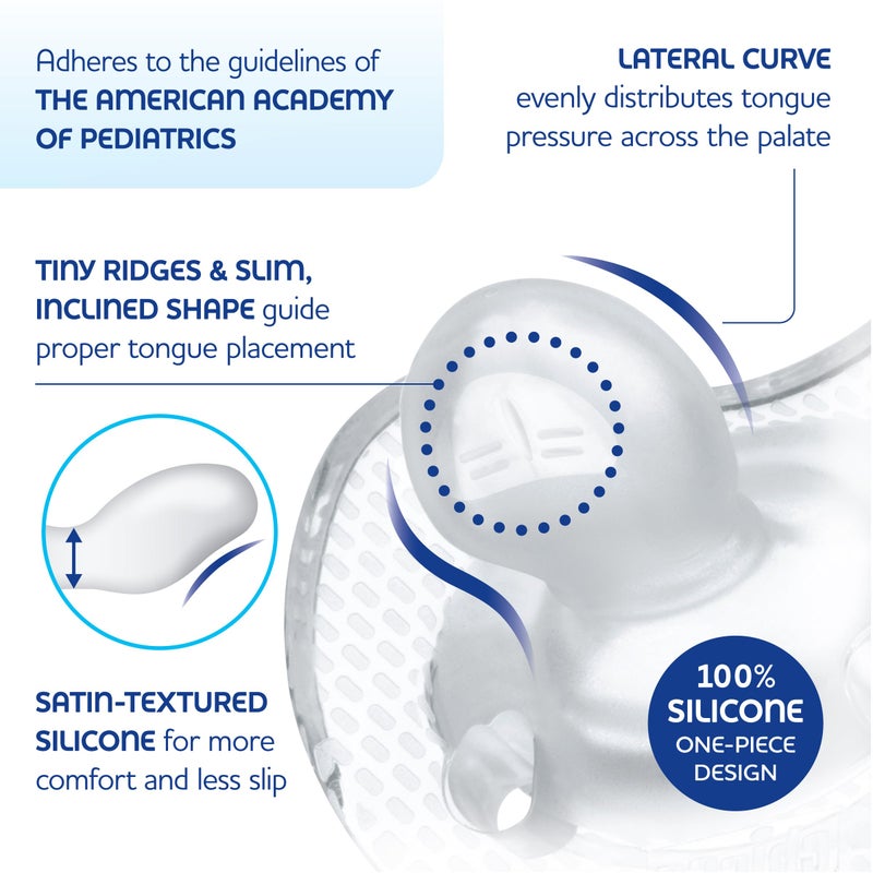 Chicco PhysioForma Luxe Orthodontic Pacifier for Babies 0-6 Months, One-Piece 100% Soft Silicone, Supports Breathing, Textured Shield & Handle, Included Sterilizing Case, BPA Free, 2-Pack, Crystal - Image 4