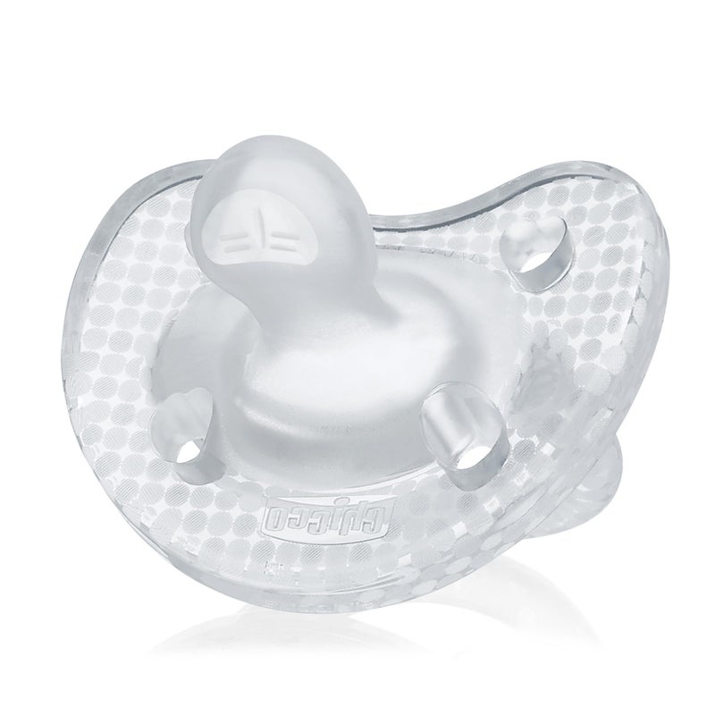 Chicco PhysioForma Luxe Orthodontic Pacifier for Babies 0-6 Months, One-Piece 100% Soft Silicone, Supports Breathing, Textured Shield & Handle, Included Sterilizing Case, BPA Free, 2-Pack, Crystal - Image 5