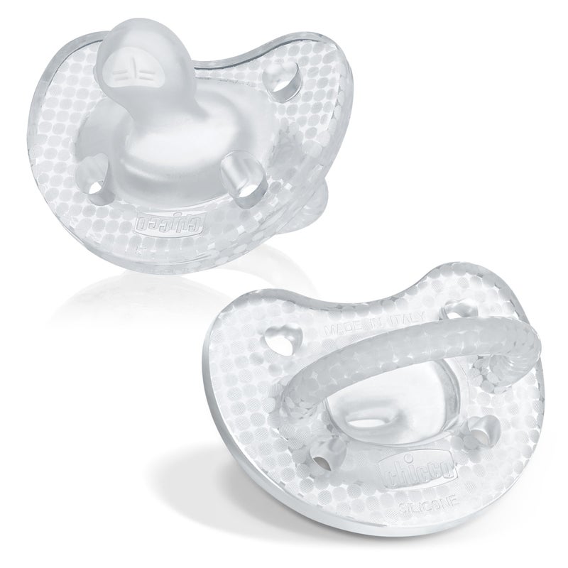 Chicco PhysioForma Luxe Orthodontic Pacifier for Babies 0-6 Months, One-Piece 100% Soft Silicone, Supports Breathing, Textured Shield & Handle, Included Sterilizing Case, BPA Free, 2-Pack, Crystal - Image 1