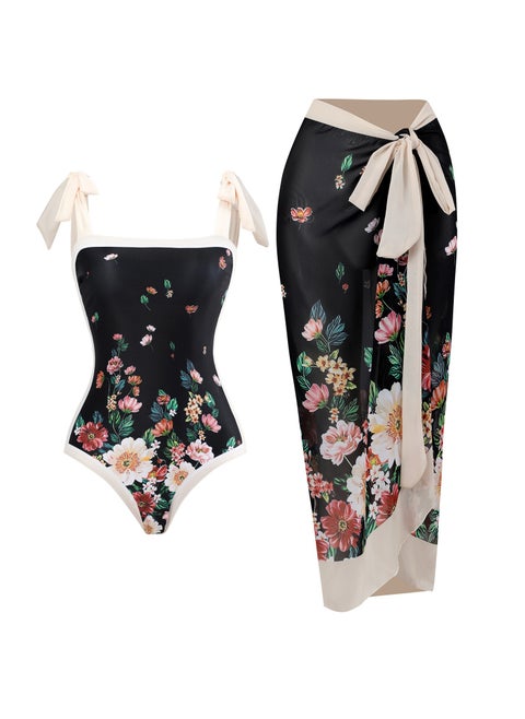 2-Piece Women Swimsuit With Beach Cover Ups Long Wrap Skirt Bathing Suit Swimwear Holiday Beach Dress Female Retro Swimwear Vintage Surf Wear Summer