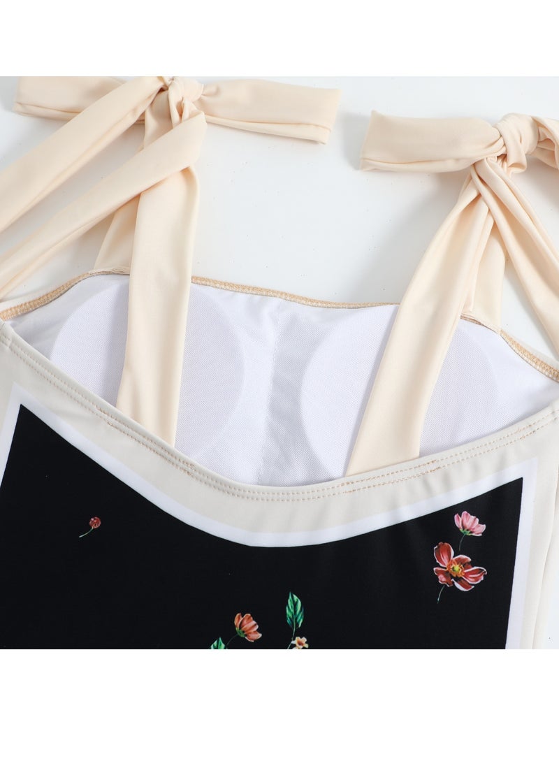 2-Piece Women Swimsuit With Beach Cover Ups Long Wrap Skirt Bathing Suit Swimwear Holiday Beach Dress Female Retro Swimwear Vintage Surf Wear Summer