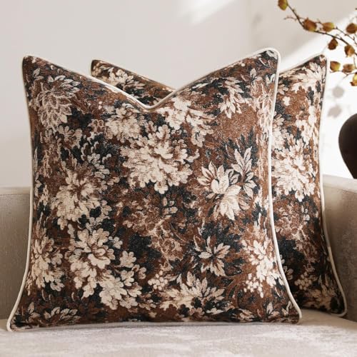 DEZENE Pack of 2 Vintage Floral Euro Sham Covers 26x26 Boho Farmhouse Accents Chenille Square Decorative Throw Pillow Cases for Living Room Couch Bed Home Decor Dark Brown - Image 1