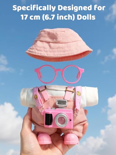 VVQUI Clothes for LABUBU 17cm Doll NO Doll 6Piece Set Hat Overalls Shirt Camera Glasses Shoes Outfit for LABUBU Premium Dolls Accessories for LABUBU Light Pink - Image 5