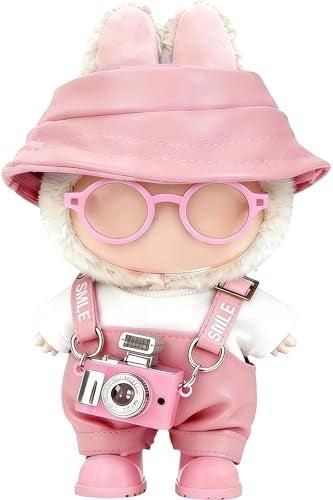 VVQUI Clothes for LABUBU 17cm Doll NO Doll 6Piece Set Hat Overalls Shirt Camera Glasses Shoes Outfit for LABUBU Premium Dolls Accessories for LABUBU Light Pink - Image 1
