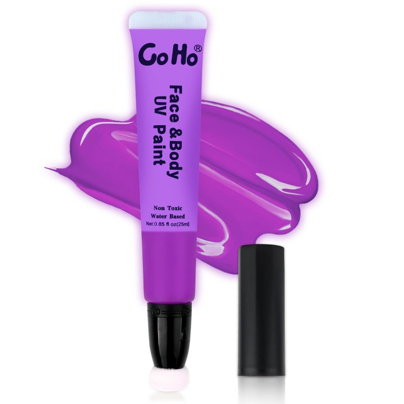 Go Ho UV Blacklight Neon Purple Face Body Paint,Water Based Bright Color Neon Fluorescent Body Paint with Cushion Applicator,Glow In The Dark Under UV Lighting Party Halloween Makeup Washable - Image 1