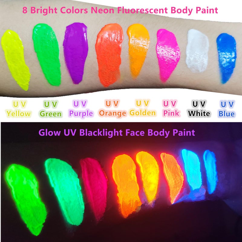 Go Ho UV Blacklight Neon Purple Face Body Paint,Water Based Bright Color Neon Fluorescent Body Paint with Cushion Applicator,Glow In The Dark Under UV Lighting Party Halloween Makeup Washable - Image 2