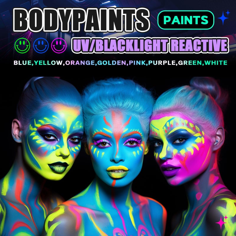 Go Ho UV Blacklight Neon Purple Face Body Paint,Water Based Bright Color Neon Fluorescent Body Paint with Cushion Applicator,Glow In The Dark Under UV Lighting Party Halloween Makeup Washable - Image 4