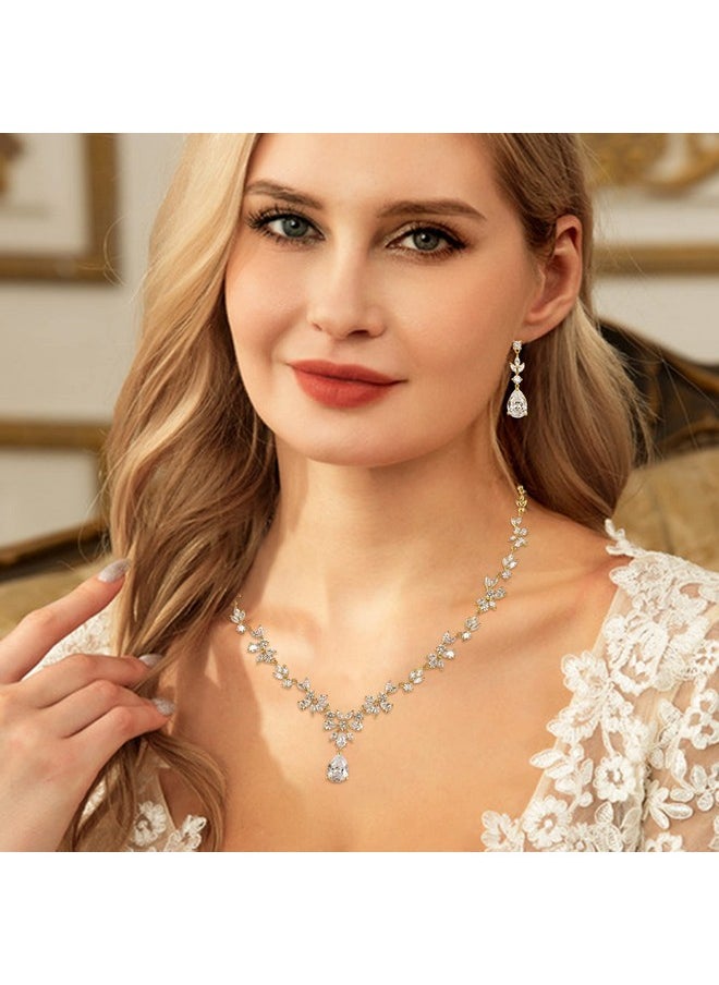 EVER FAITH Bridal Jewelry Set For Bride 14K Gold Plated Gorgeous Marquise Cubic Zirconia Flower Necklace Dangle Earrings Sets Wedding Bridal Prom Party Jewellry  - Image 3