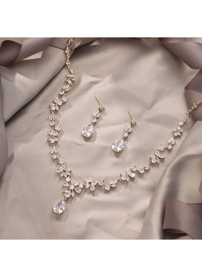EVER FAITH Bridal Jewelry Set For Bride 14K Gold Plated Gorgeous Marquise Cubic Zirconia Flower Necklace Dangle Earrings Sets Wedding Bridal Prom Party Jewellry  - Image 4