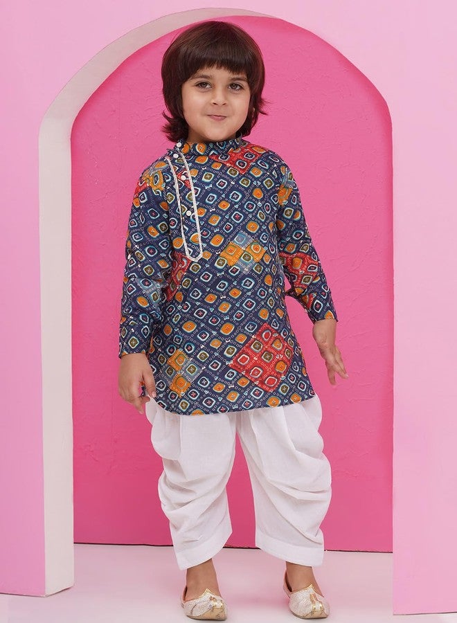 AJ DEZINES Kids Ethnic Wear Cotton Full Sleeve Dark Blue Printed Kurta Pajama Set For Boys (1266-DARKBLUE-7) - Image 5