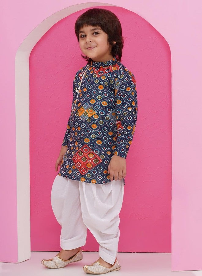 AJ DEZINES Kids Ethnic Wear Cotton Full Sleeve Dark Blue Printed Kurta Pajama Set For Boys (1266-DARKBLUE-7) - Image 4