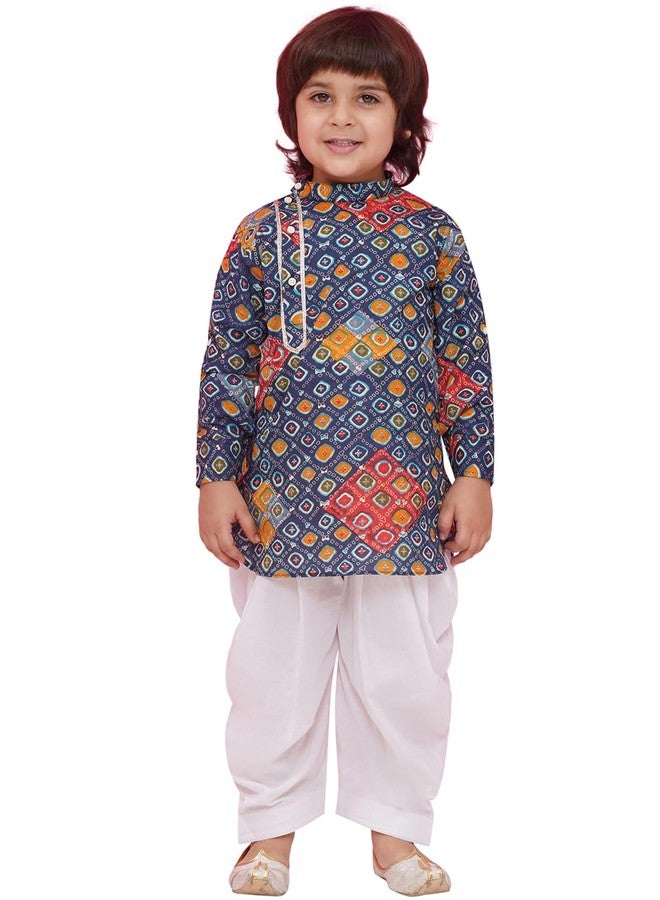 AJ DEZINES Kids Ethnic Wear Cotton Full Sleeve Dark Blue Printed Kurta Pajama Set For Boys (1266-DARKBLUE-7) - Image 1