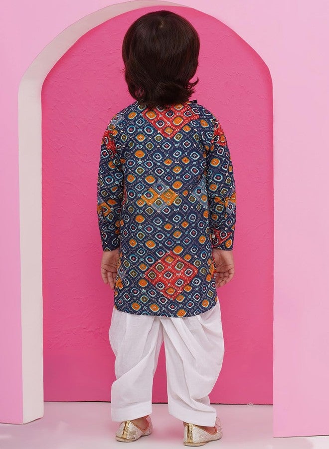 AJ DEZINES Kids Ethnic Wear Cotton Full Sleeve Dark Blue Printed Kurta Pajama Set For Boys (1266-DARKBLUE-7) - Image 2